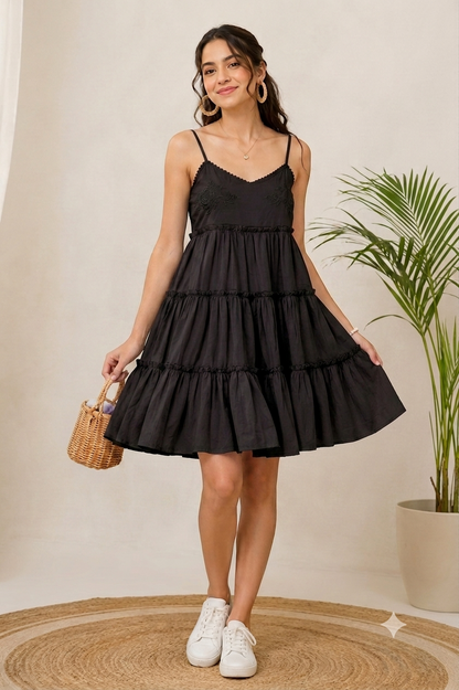 Black Tiered Mini Dress | 100% Polyester | Sleeveless Spaghetti Strap | Fit & Flare Casual Dress with Cotton Inner