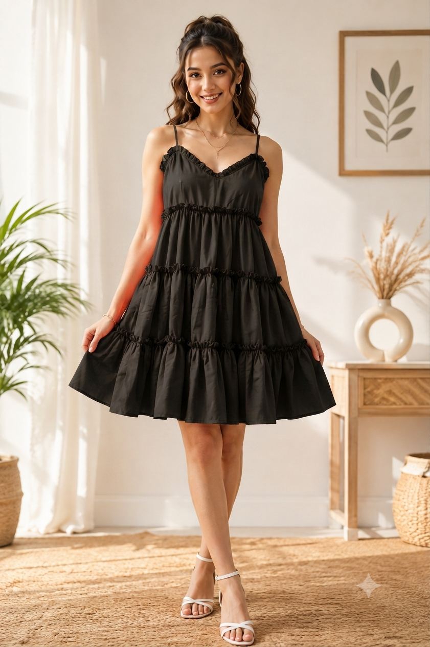 Black Tiered Mini Dress | 100% Polyester | Sleeveless Spaghetti Strap | Fit & Flare Casual Dress with Cotton Inner