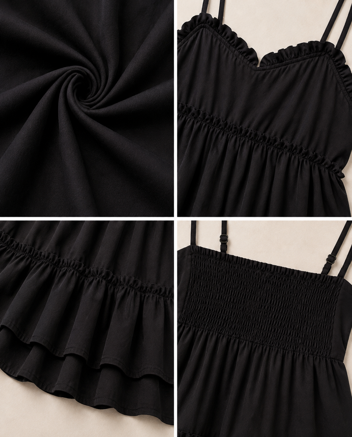 Black Tiered Mini Dress | 100% Polyester | Sleeveless Spaghetti Strap | Fit & Flare Casual Dress with Cotton Inner