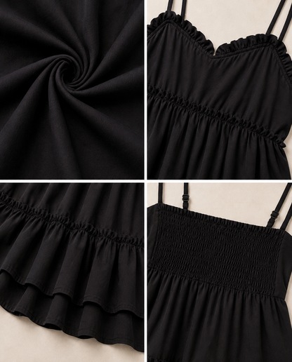 Black Tiered Mini Dress | 100% Polyester | Sleeveless Spaghetti Strap | Fit & Flare Casual Dress with Cotton Inner