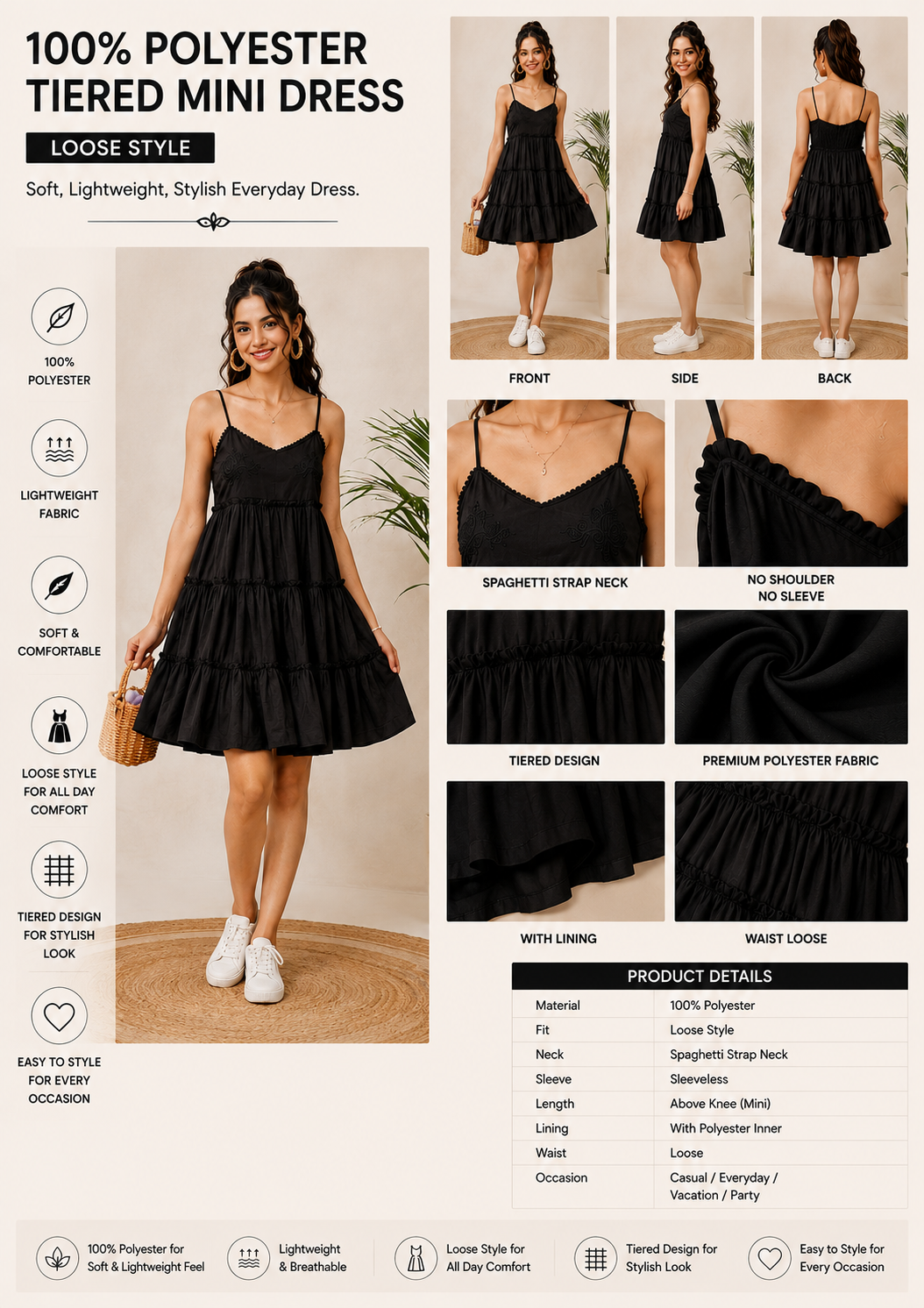 Black Tiered Mini Dress | 100% Polyester | Sleeveless Spaghetti Strap | Fit & Flare Casual Dress with Cotton Inner