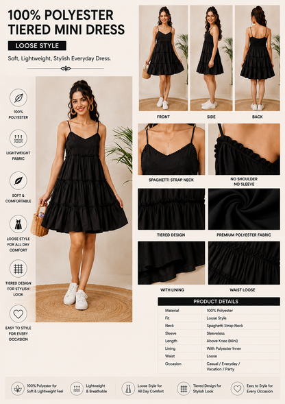 Black Tiered Mini Dress | 100% Polyester | Sleeveless Spaghetti Strap | Fit & Flare Casual Dress with Cotton Inner