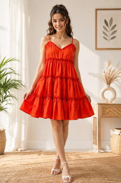 Red Tiered Mini Dress | 100% Polyester | Sleeveless Spaghetti Strap | Fit & Flare Casual Dress with Cotton Inner