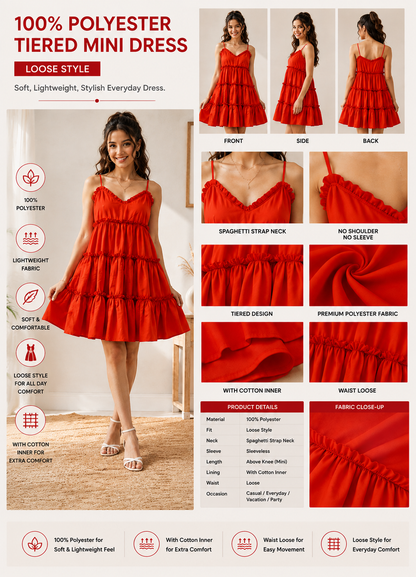 Red Tiered Mini Dress | 100% Polyester | Sleeveless Spaghetti Strap | Fit & Flare Casual Dress with Cotton Inner