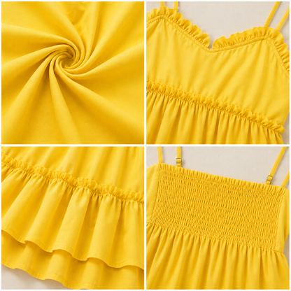 Yellow Tiered Mini Dress | 100% Polyester | Sleeveless Spaghetti Strap | Fit & Flare Casual Dress with Cotton Inner