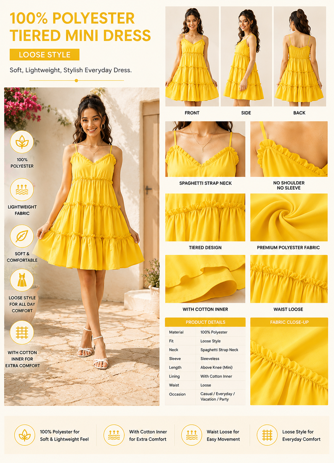 Yellow Tiered Mini Dress | 100% Polyester | Sleeveless Spaghetti Strap | Fit & Flare Casual Dress with Cotton Inner