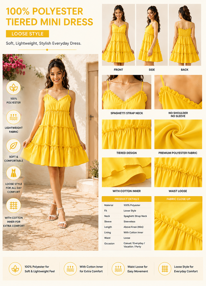 Yellow Tiered Mini Dress | 100% Polyester | Sleeveless Spaghetti Strap | Fit & Flare Casual Dress with Cotton Inner