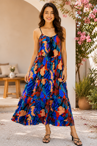100% Viscose Printed Maxi Dress | Sleeveless Shoulder Strap Dress | Loose Fit Casual Summer Dress
