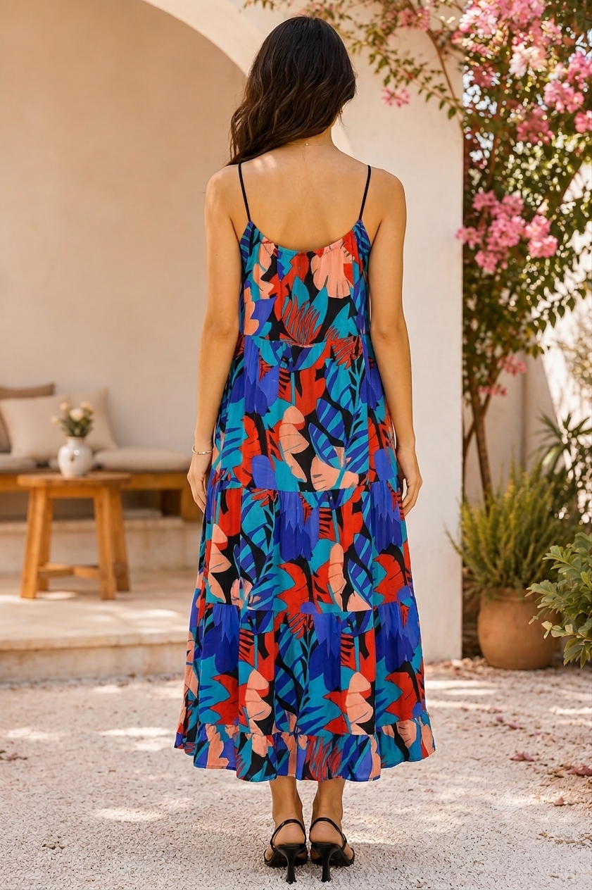 100% Viscose Printed Maxi Dress | Sleeveless Shoulder Strap Dress | Loose Fit Casual Summer Dress