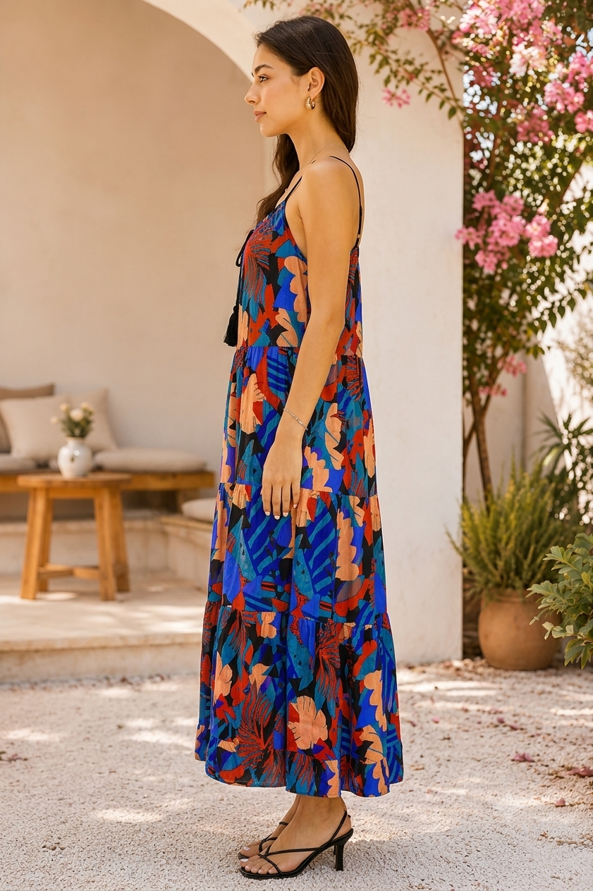 100% Viscose Printed Maxi Dress | Sleeveless Shoulder Strap Dress | Loose Fit Casual Summer Dress