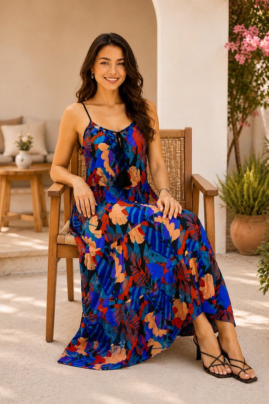 100% Viscose Printed Maxi Dress | Sleeveless Shoulder Strap Dress | Loose Fit Casual Summer Dress