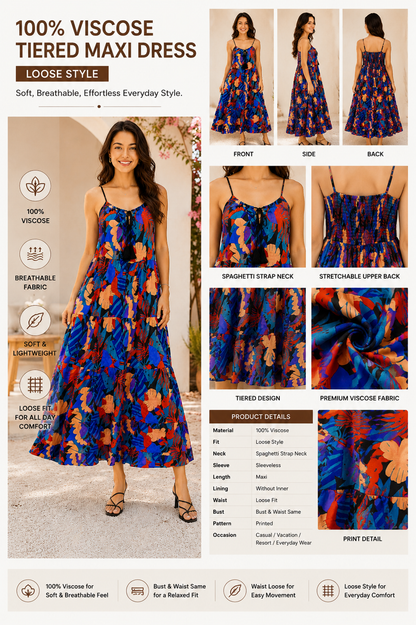 100% Viscose Printed Maxi Dress | Sleeveless Shoulder Strap Dress | Loose Fit Casual Summer Dress