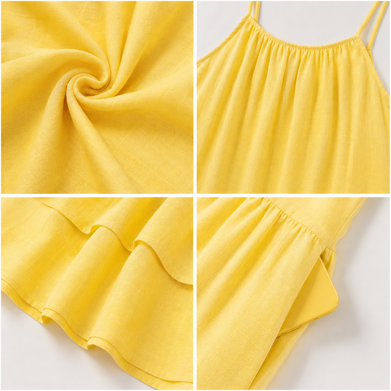 100% Linen Tiered Midi Dress with Inner, Spaghetti Strap, Sleeveless, 2 Side Pockets, Loose Fit, Yellow