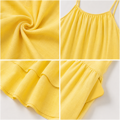100% Linen Tiered Midi Dress with Inner, Spaghetti Strap, Sleeveless, 2 Side Pockets, Loose Fit, Yellow