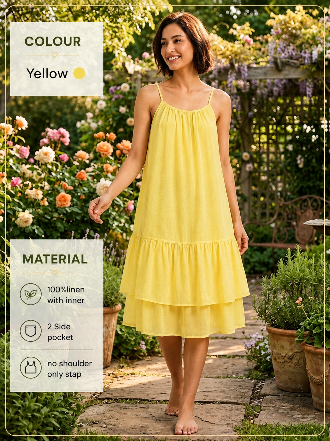 100% Linen Tiered Midi Dress with Inner, Spaghetti Strap, Sleeveless, 2 Side Pockets, Loose Fit, Yellow