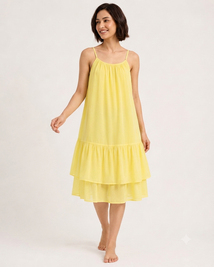 100% Linen Tiered Midi Dress with Inner, Spaghetti Strap, Sleeveless, 2 Side Pockets, Loose Fit, Yellow