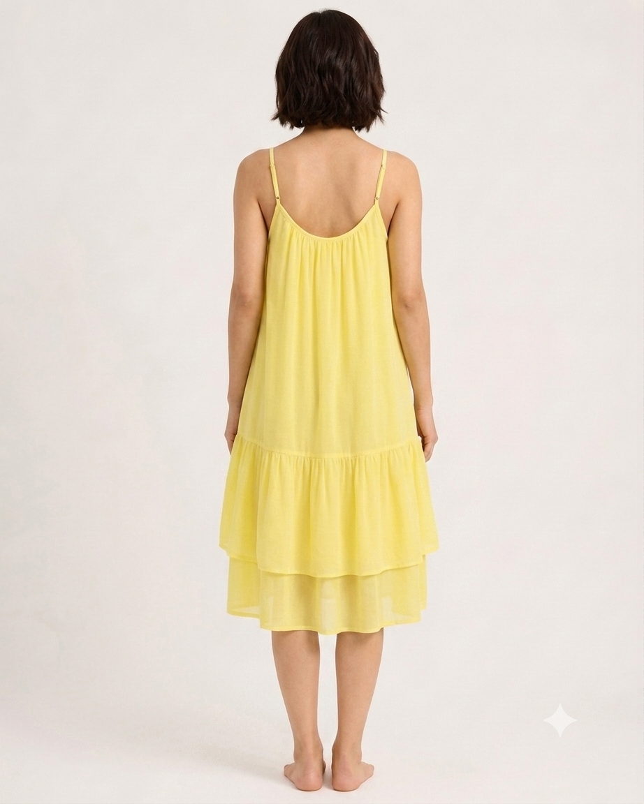 100% Linen Tiered Midi Dress with Inner, Spaghetti Strap, Sleeveless, 2 Side Pockets, Loose Fit, Yellow