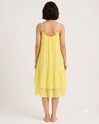 100% Linen Tiered Midi Dress with Inner, Spaghetti Strap, Sleeveless, 2 Side Pockets, Loose Fit, Yellow