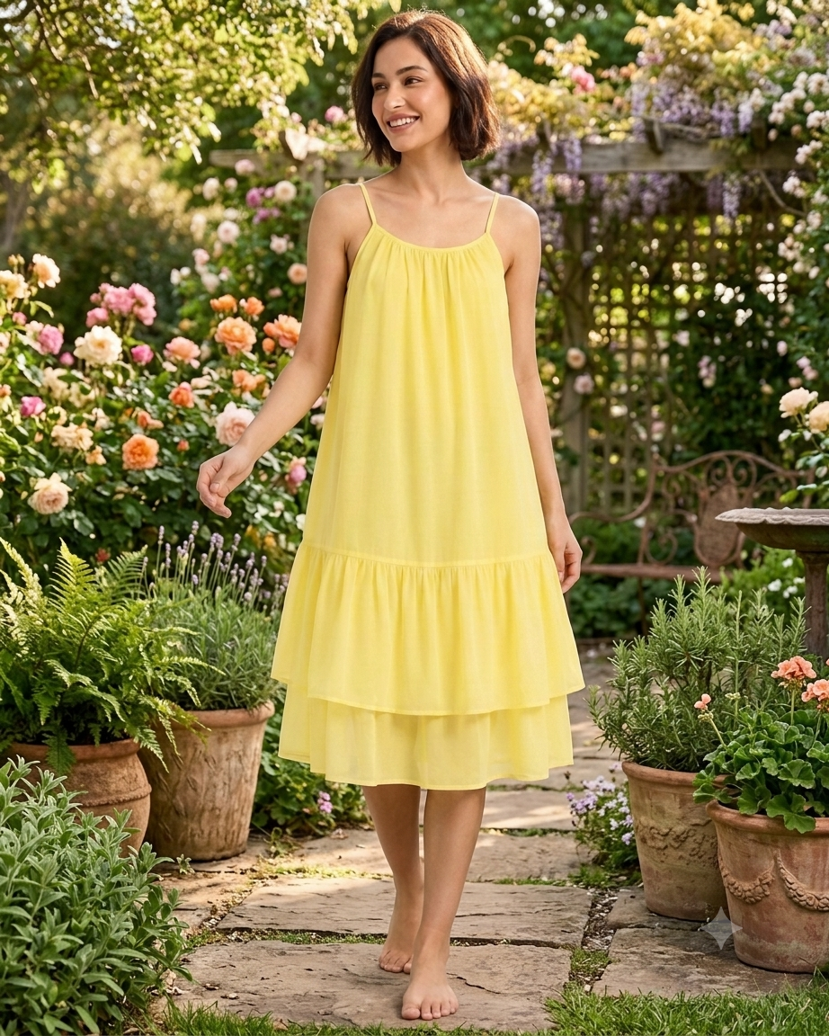 100% Linen Tiered Midi Dress with Inner, Spaghetti Strap, Sleeveless, 2 Side Pockets, Loose Fit, Yellow