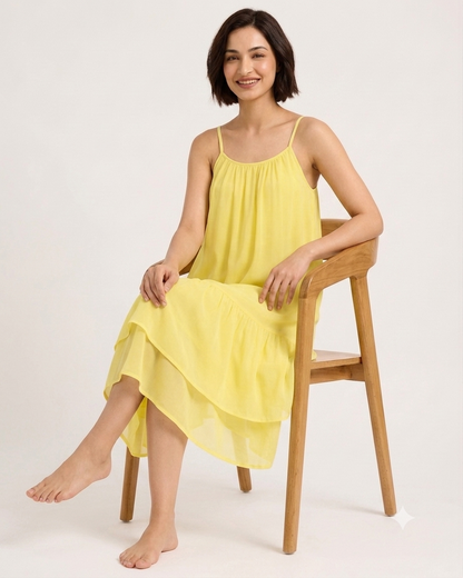 100% Linen Tiered Midi Dress with Inner, Spaghetti Strap, Sleeveless, 2 Side Pockets, Loose Fit, Yellow
