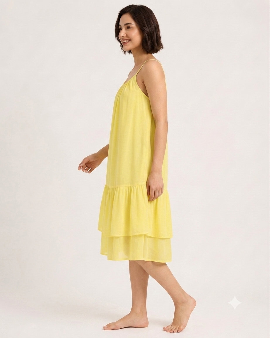 100% Linen Tiered Midi Dress with Inner, Spaghetti Strap, Sleeveless, 2 Side Pockets, Loose Fit, Yellow