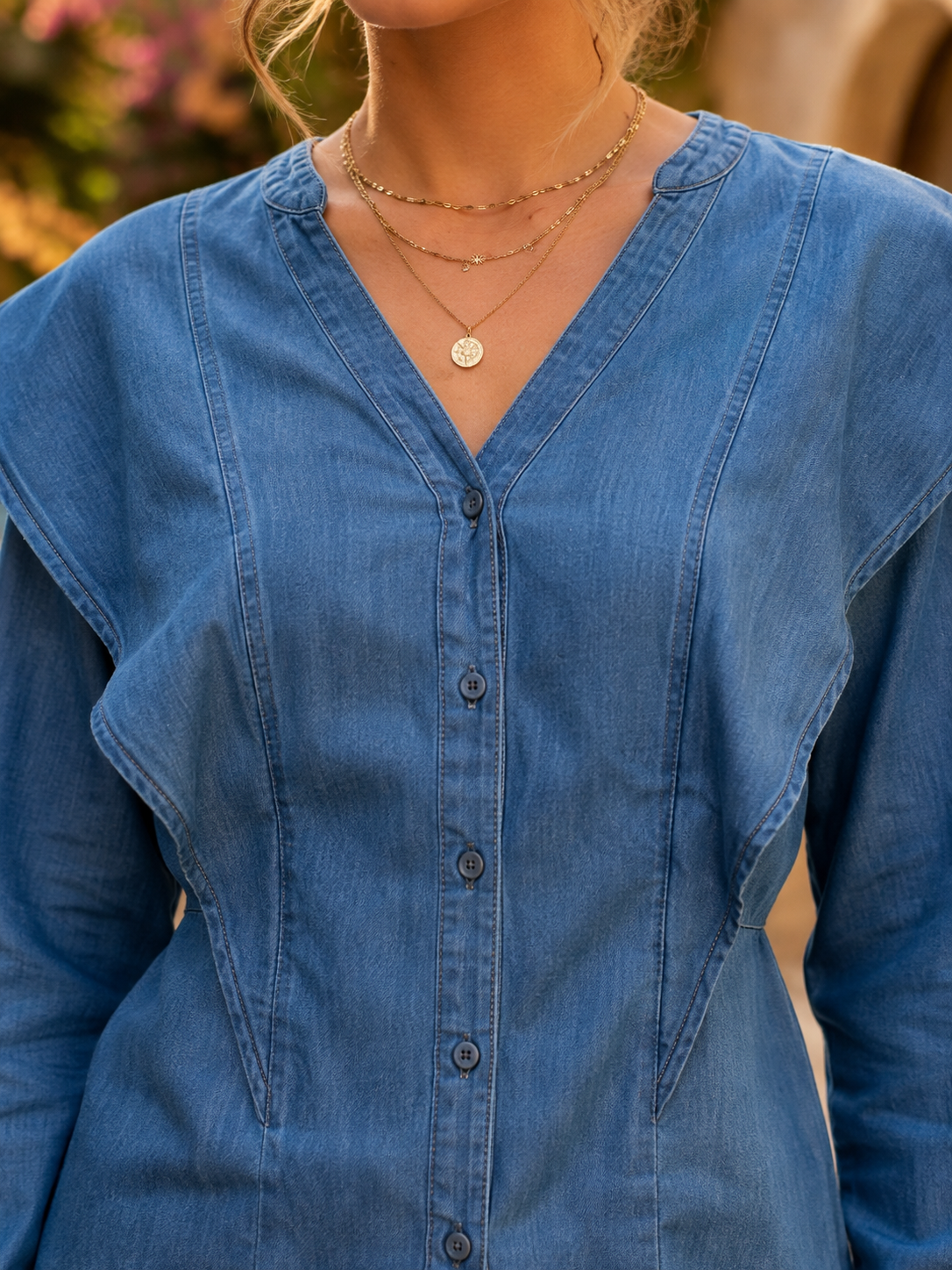 Denim Look Cotton Shirt | V-Neck | Full Sleeve | Ruffle Shoulder | Casual Regular Fit Top | Blue