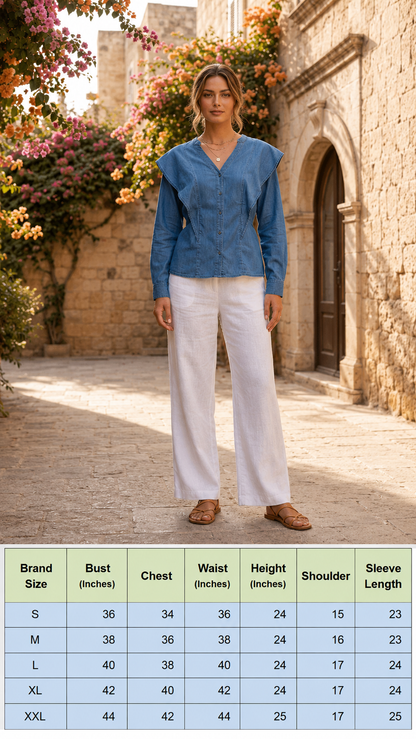 Denim Look Cotton Shirt | V-Neck | Full Sleeve | Ruffle Shoulder | Casual Regular Fit Top | Blue