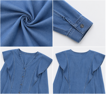 Denim Look Cotton Shirt | V-Neck | Full Sleeve | Ruffle Shoulder | Casual Regular Fit Top | Blue