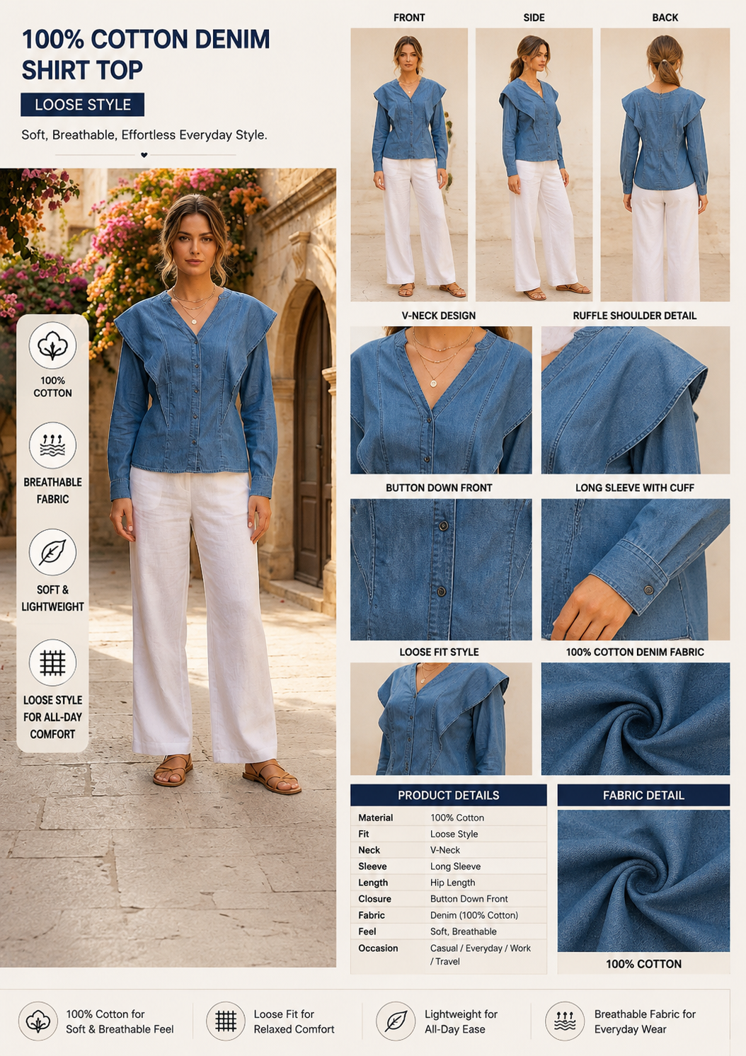 Denim Look Cotton Shirt | V-Neck | Full Sleeve | Ruffle Shoulder | Casual Regular Fit Top | Blue