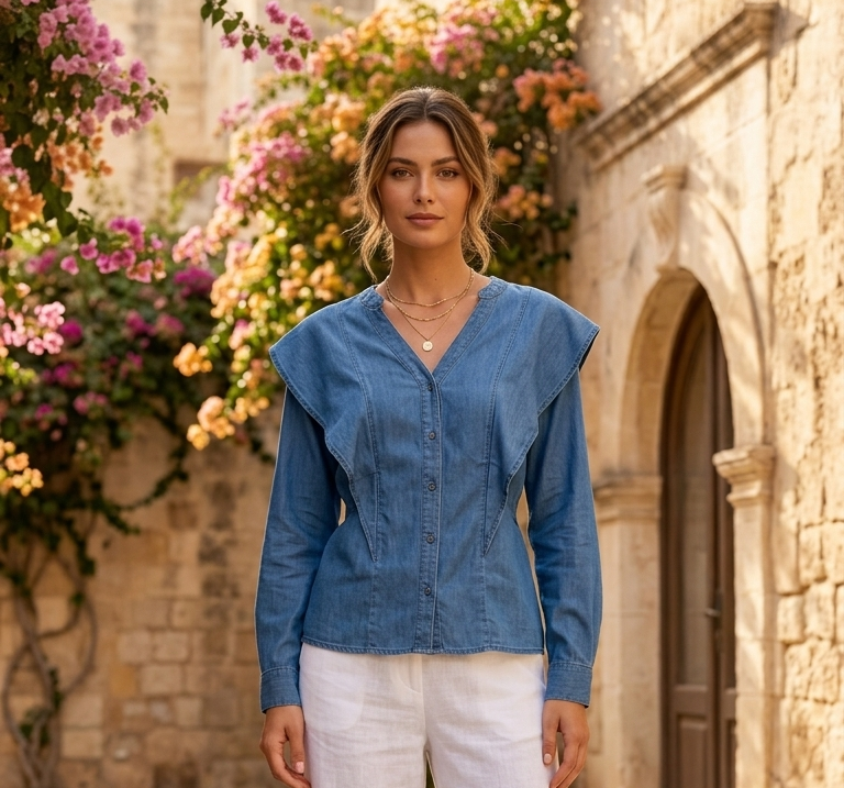 Denim Look Cotton Shirt | V-Neck | Full Sleeve | Ruffle Shoulder | Casual Regular Fit Top | Blue
