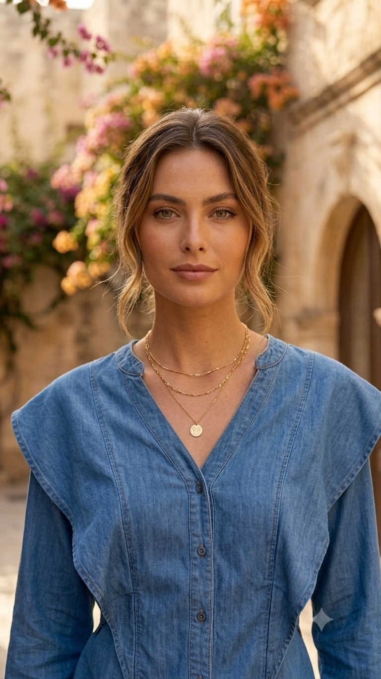 Denim Look Cotton Shirt | V-Neck | Full Sleeve | Ruffle Shoulder | Casual Regular Fit Top | Blue