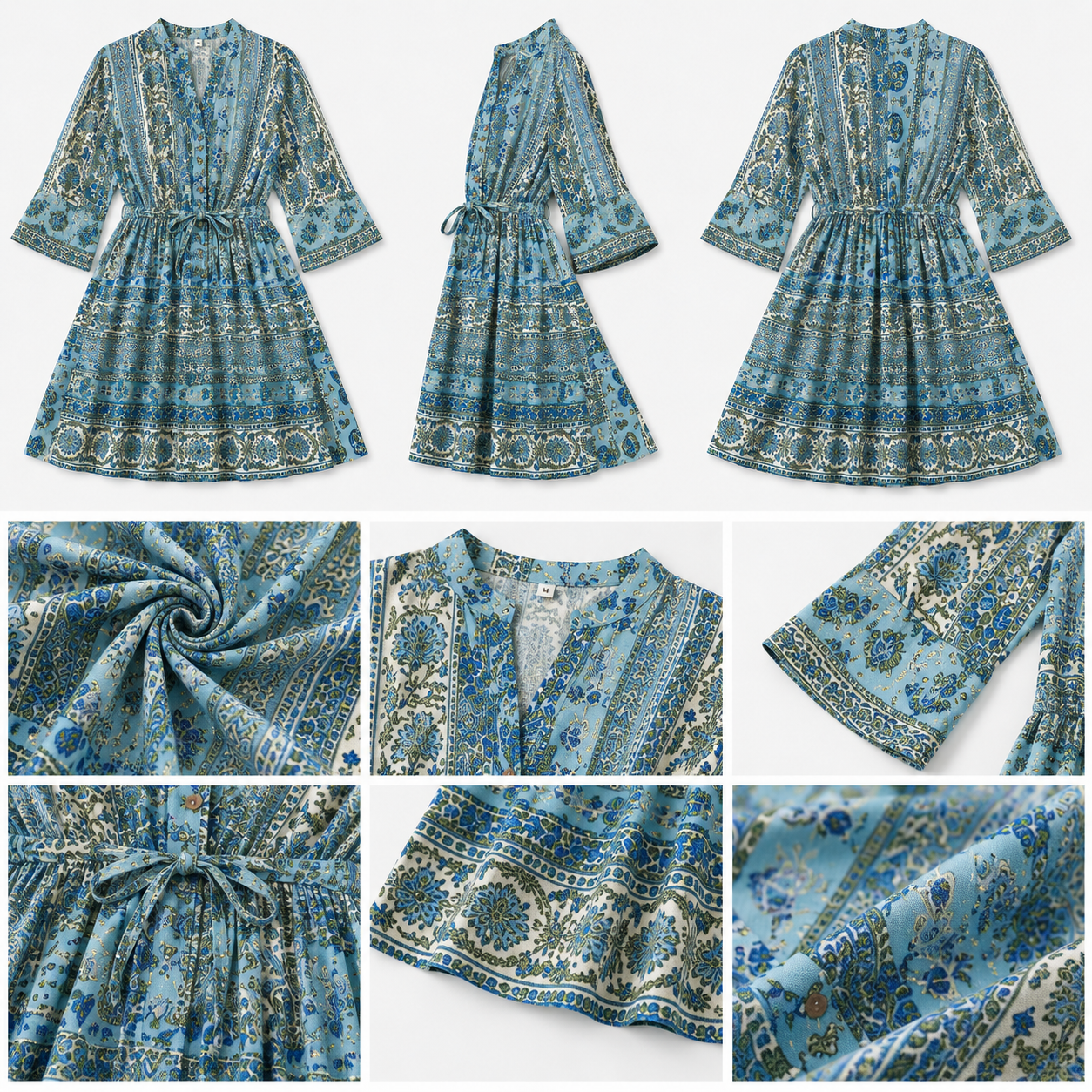 Multi Printed Viscose Mini Dress | 3/4 Sleeve A-Line Dress with Tie Waist | Casual & Stylish Western Dress