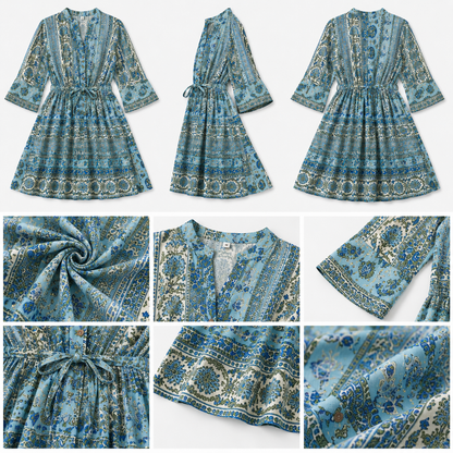Multi Printed Viscose Mini Dress | 3/4 Sleeve A-Line Dress with Tie Waist | Casual & Stylish Western Dress