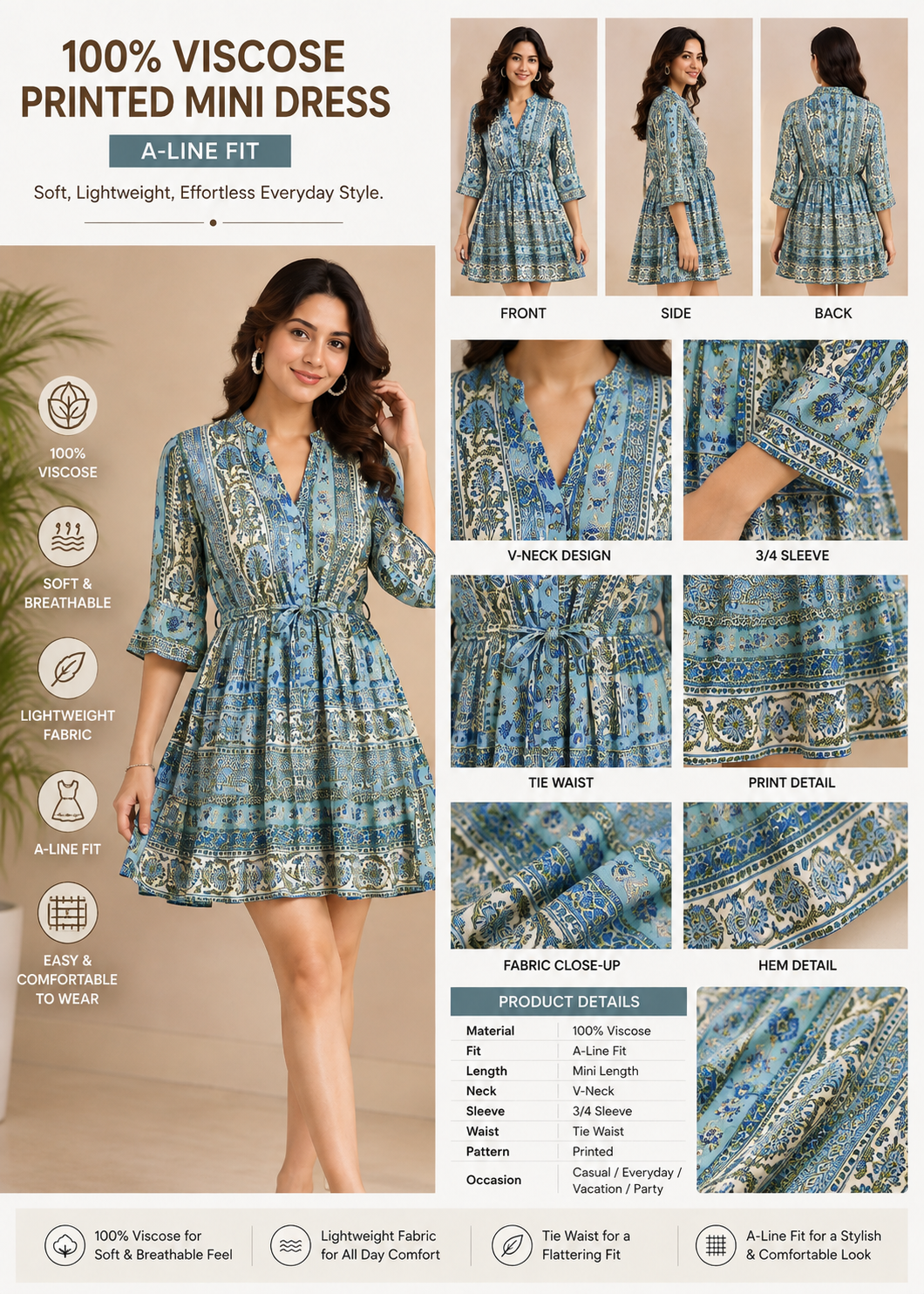 Multi Printed Viscose Mini Dress | 3/4 Sleeve A-Line Dress with Tie Waist | Casual & Stylish Western Dress