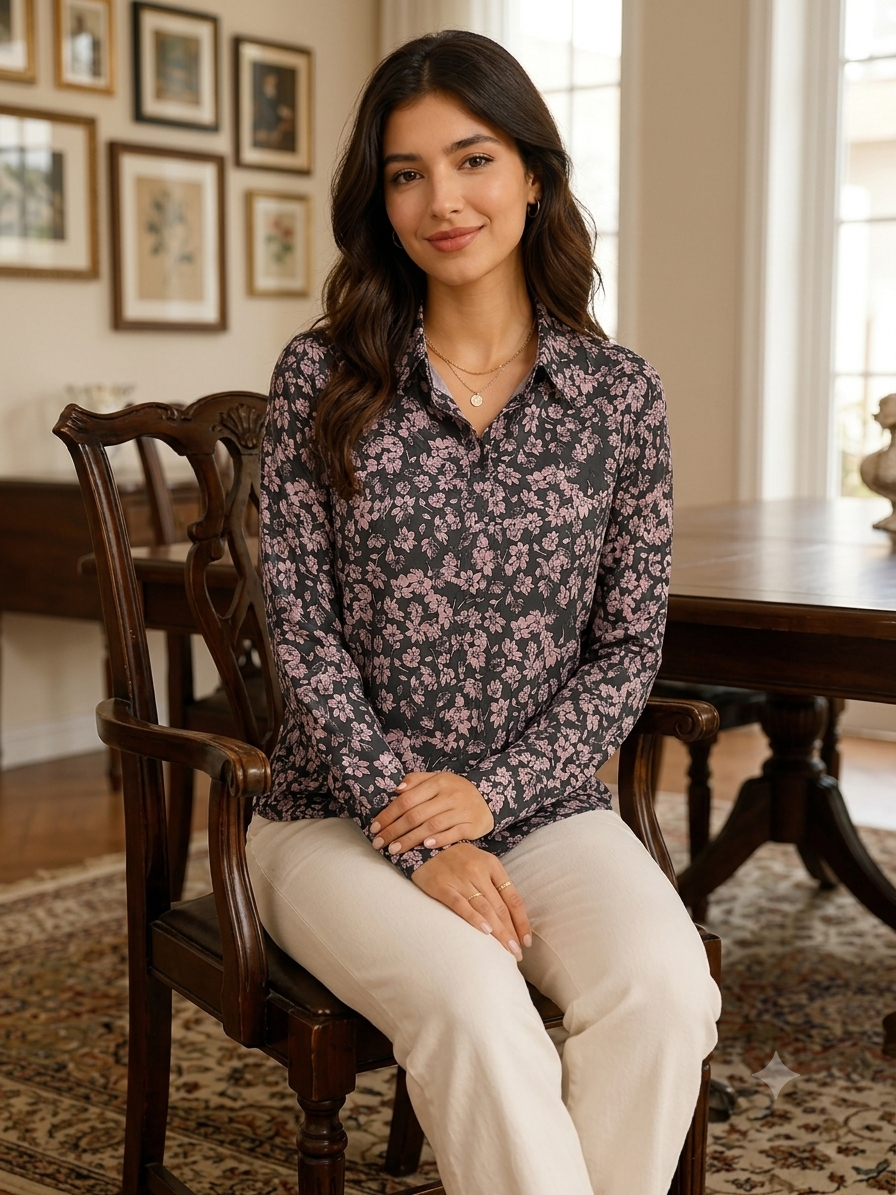 Floral Print Full Sleeve Shirt | 100% Polyester Loose Fit Casual Shirt | Button-Down Collared Shirt for Everyday Wear Black