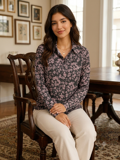Floral Print Full Sleeve Shirt | 100% Polyester Loose Fit Casual Shirt | Button-Down Collared Shirt for Everyday Wear Black