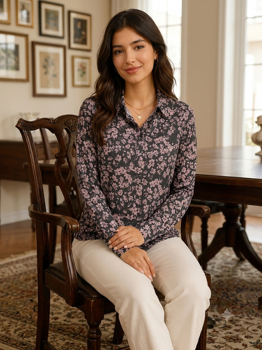 Floral Print Full Sleeve Shirt | 100% Polyester Loose Fit Casual Shirt | Button-Down Collared Shirt for Everyday Wear Black