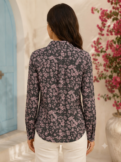 Floral Print Full Sleeve Shirt | 100% Polyester Loose Fit Casual Shirt | Button-Down Collared Shirt for Everyday Wear Black