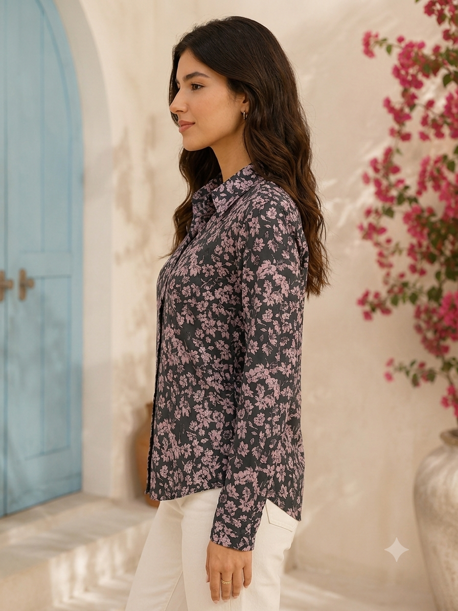 Floral Print Full Sleeve Shirt | 100% Polyester Loose Fit Casual Shirt | Button-Down Collared Shirt for Everyday Wear Black