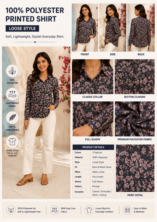 Floral Print Full Sleeve Shirt | 100% Polyester Loose Fit Casual Shirt | Button-Down Collared Shirt for Everyday Wear Black