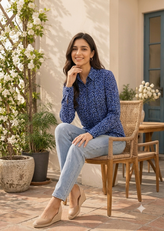 Floral Print Full Sleeve Shirt | 100% Polyester Loose Fit Casual Shirt | Button-Down Collared Shirt for Everyday Wear Blue