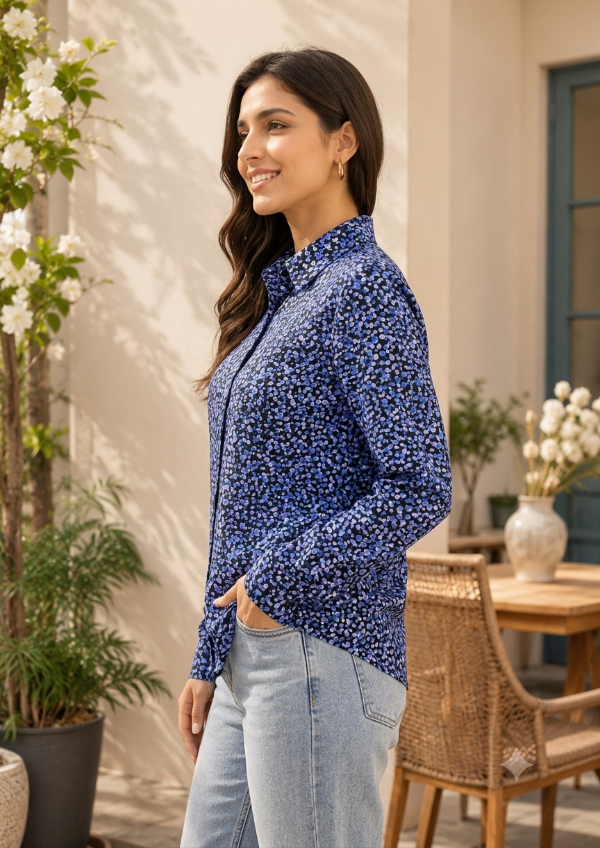 Floral Print Full Sleeve Shirt | 100% Polyester Loose Fit Casual Shirt | Button-Down Collared Shirt for Everyday Wear Blue