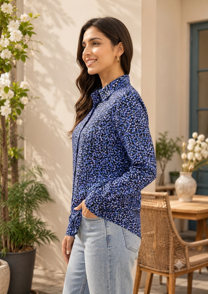 Floral Print Full Sleeve Shirt | 100% Polyester Loose Fit Casual Shirt | Button-Down Collared Shirt for Everyday Wear Blue