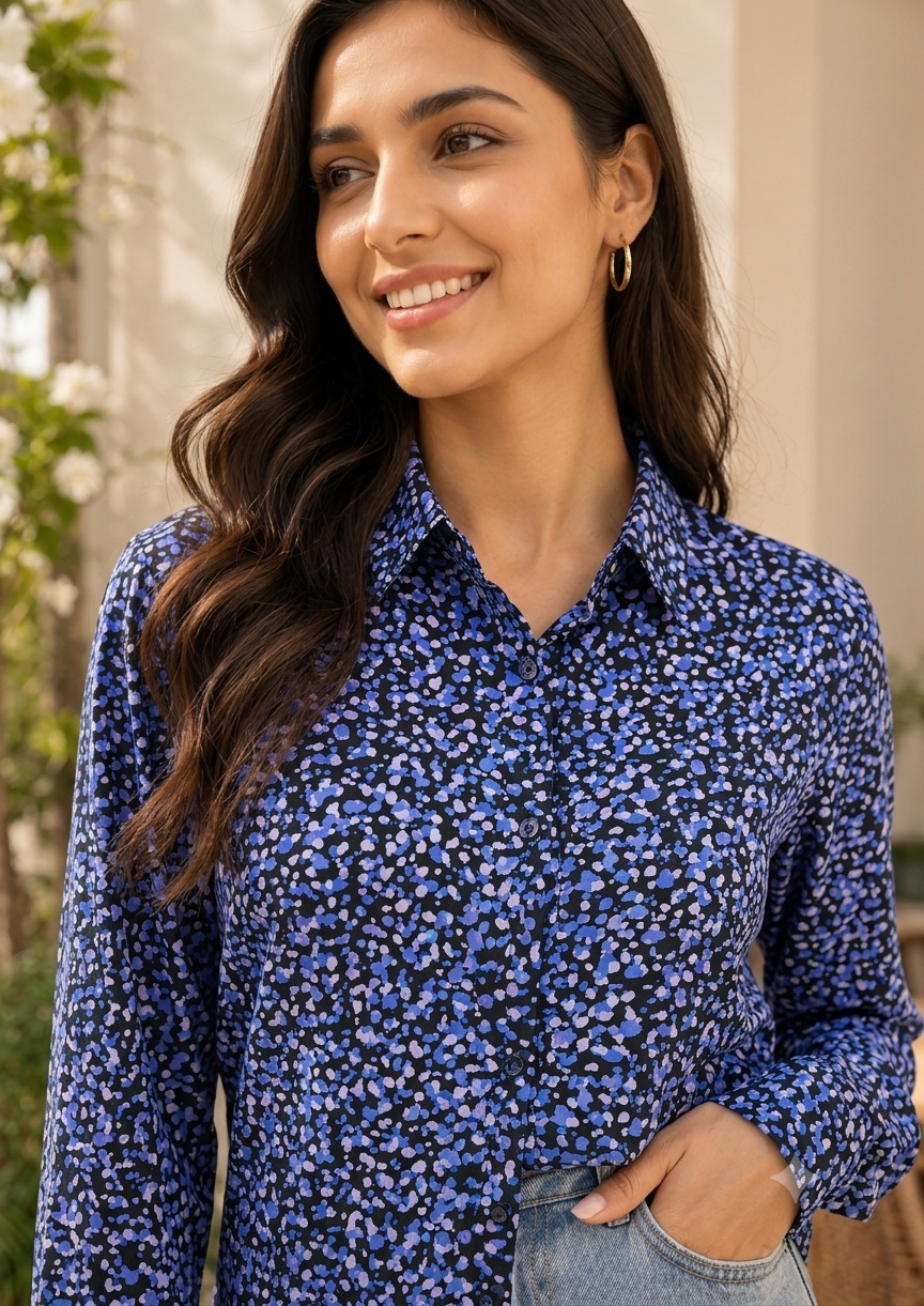 Floral Print Full Sleeve Shirt | 100% Polyester Loose Fit Casual Shirt | Button-Down Collared Shirt for Everyday Wear Blue