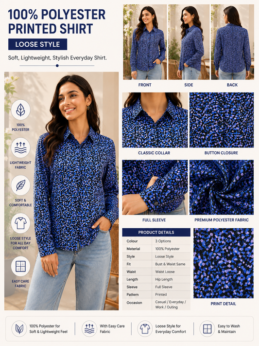 Floral Print Full Sleeve Shirt | 100% Polyester Loose Fit Casual Shirt | Button-Down Collared Shirt for Everyday Wear Blue