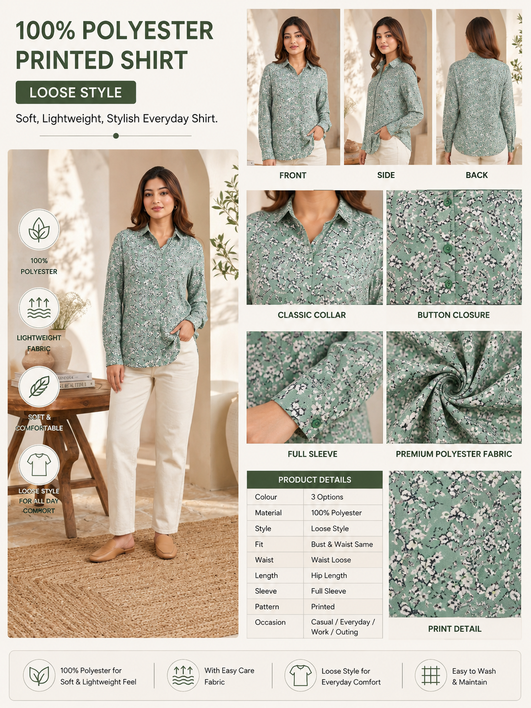 Floral Print Full Sleeve Shirt | 100% Polyester Loose Fit Casual Shirt | Button-Down Collared Shirt for Everyday Wear Green