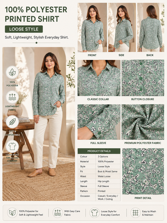 Floral Print Full Sleeve Shirt | 100% Polyester Loose Fit Casual Shirt | Button-Down Collared Shirt for Everyday Wear Green