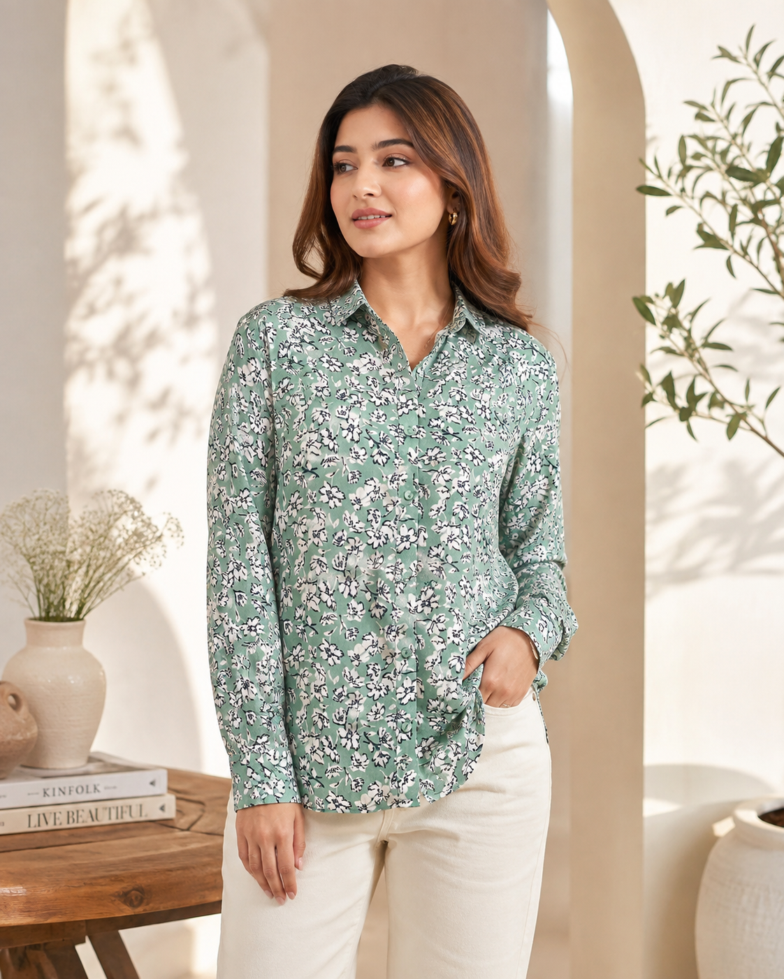 Floral Print Full Sleeve Shirt | 100% Polyester Loose Fit Casual Shirt | Button-Down Collared Shirt for Everyday Wear Green