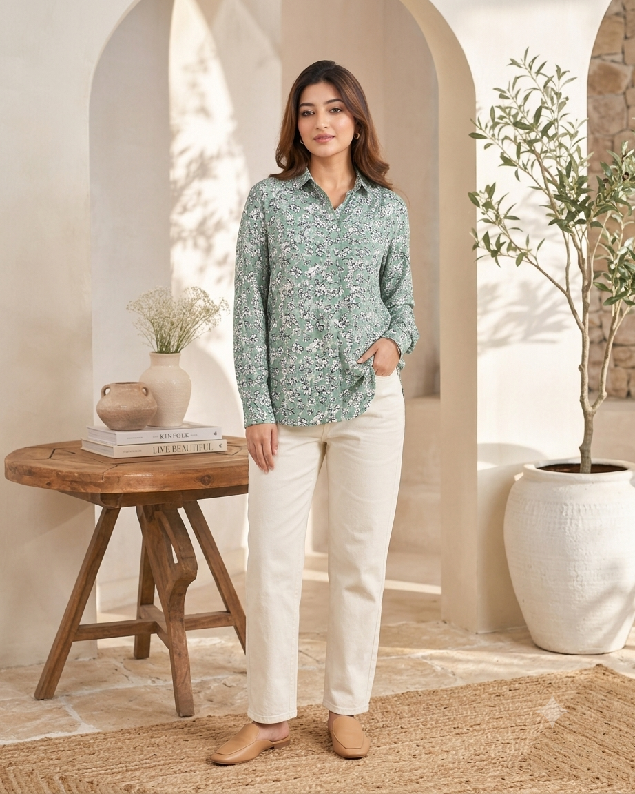 Floral Print Full Sleeve Shirt | 100% Polyester Loose Fit Casual Shirt | Button-Down Collared Shirt for Everyday Wear Green