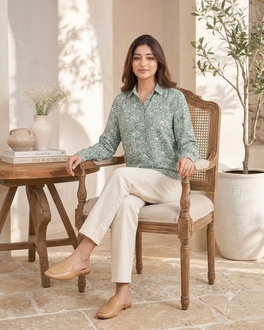 Floral Print Full Sleeve Shirt | 100% Polyester Loose Fit Casual Shirt | Button-Down Collared Shirt for Everyday Wear Green